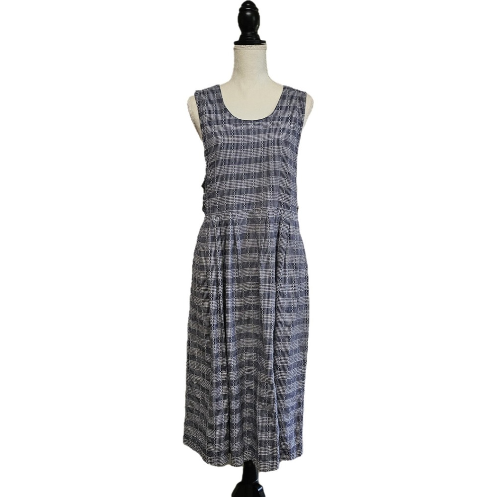 Vintage 90s Bryn Connelly Navy‎ Check Pleated Midi Dress Size 6P Preppy Academia
